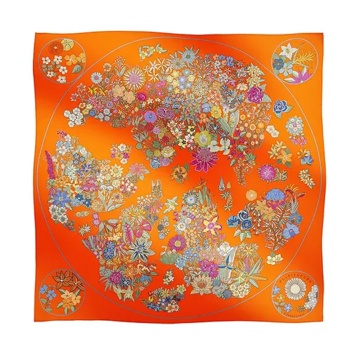 Khăn Choàng Lụa Nữ Hermès Planifleurs Scarf 90 Orange / Vert / Fuchsia Màu Cam