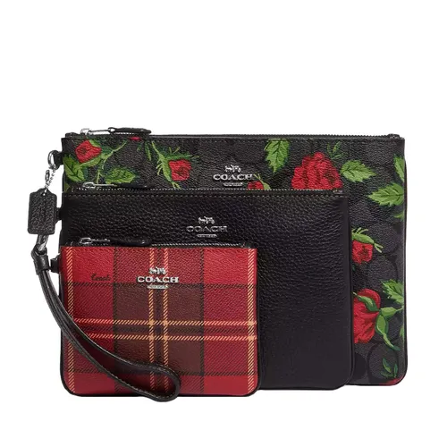 Set Túi Cầm Tay Nữ Coach Pouch Trio In Signature Canvas With Vintage Rose Print And Tartan Plaid Print CC911 Màu Đen/Đỏ