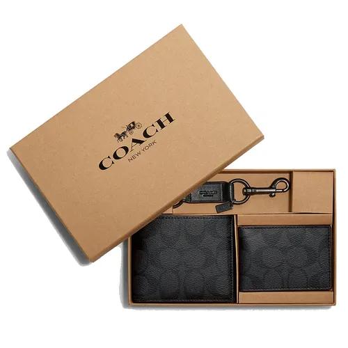 Túi xách Coach Nam Ví - Set Ví Nam Coach Boxed 3 In 1 Wallet In Signature Canvas CS434 Gift Màu Đen Xám - Vua Hàng Hiệu