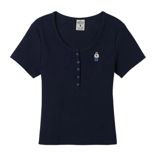 WHOAU Áo phông - Áo Phông Nữ WHOAU Steve Ribbed Henry WHRAF2452F Tshirt Màu Xanh Navy - Vua Hàng Hiệu
