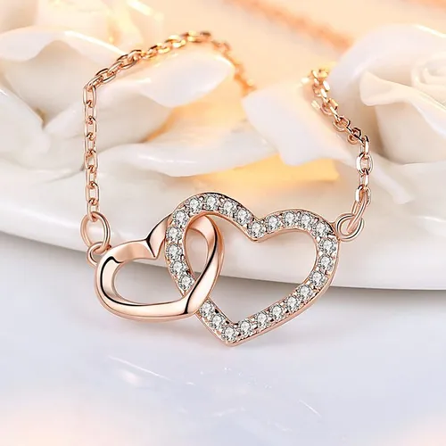 Dây Chuyền Nữ Lili Jewelry Bạc Đính Đá CZ Cặp Trái Tim Đôi LILI_636998 Màu Vàng Hồng