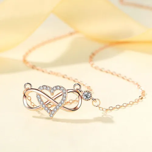 Dây Chuyền Nữ Lili Jewelry Bạc Đính Đá CZ Trái Tim Tình Yêu Vô Cực LILI_451873 Màu Vàng Hồng