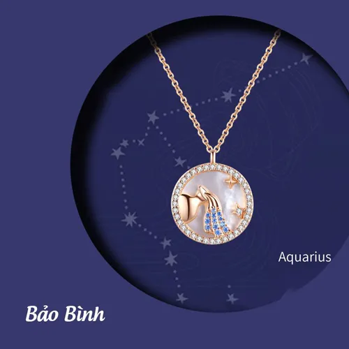 Dây Chuyền Nữ Lili Jewelry Đính Đá CZ 12 Cung Hoàng Đạo LILI_166265 Cung Bảo Bình Màu Vàng Hồng