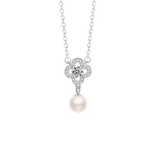Dây Chuyền Nữ Lili Jewelry Đính Đá CZ, Ngọc Trai Cỏ 4 Lá Elliana LILI_159561 Màu Bạc