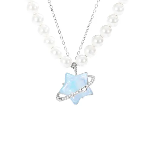 Dây Chuyền Nữ Lili Jewelry Đính Đá CZ, Ngọc Trai Ngôi Sao May Mắn Kori LILI_105594 Màu Xanh Bạc