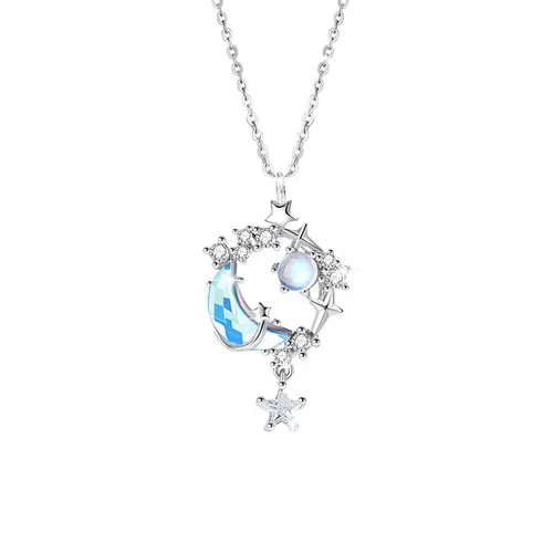 Dây Chuyền Nữ Lili Jewelry Đính Đá CZ Trăng Và Sao Greta LILI_098786 Màu Xanh Bạc