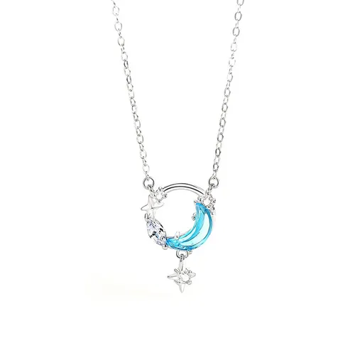 Dây Chuyền Nữ Lili Jewelry Đính Đá CZ Trăng Và Sao Samantha LILI_125858 Màu Xanh Bạc