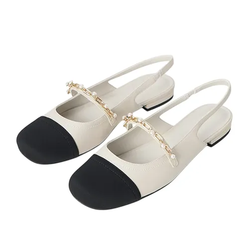 Giày Búp Bê Nữ Charles & Keith CNK Rio Beaded Chain Link Slingback Flats Chalk CK1-70900382-2 Màu Trắng Đen Size 36