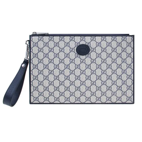 Túi Cầm Tay Nam Gucci Supreme Canvas Interlocking GG Pouch Màu Be Xanh
