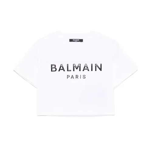Áo Crop Top Trẻ Em Balmain Logo White Tshirt BW8A61 Z0082 100NE Màu Trắng Size 12