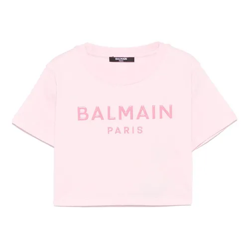 Áo Croptop Trẻ Em Balmain Logo Fuchsia Tshirt BW8A61 Z0082 511FU Màu Hồng Nhạt Size 12