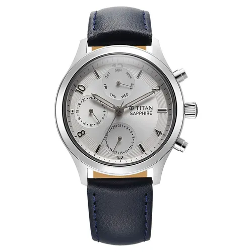 Đồng Hồ Nam Titan Sapphire Quartz Multifunction Silver Dial Leather Strap Watch 1874SL04 Màu Xanh Bạc