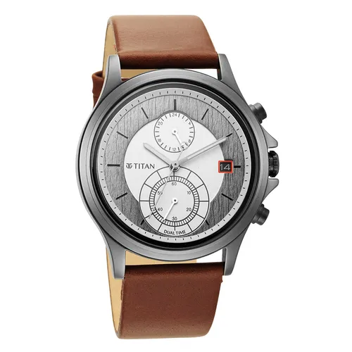 Đồng Hồ Nam Titan Workwear Silver Dual Time Quartz Leather Strap Watch 1870QL01 Màu Xám - Trắng