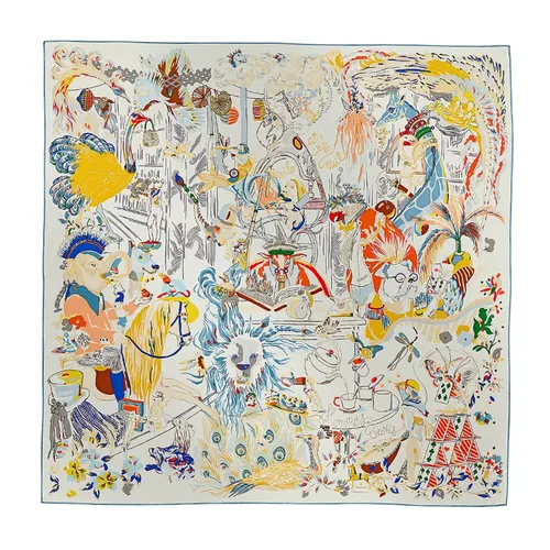 Khăn Lụa Nữ Hermès Carré 90 Emile Et Une Nuit Blanc/Bleu Jean /Jaune Phối Màu