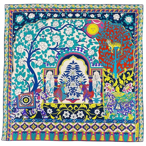 Thời trang Salvatore Ferragamo - Khăn Lụa Nữ Salvatore Ferragamo Rajastan Silk Graphic-print Scarf 90x90cm Màu Xanh Phối Vàng - Vua Hàng Hiệu