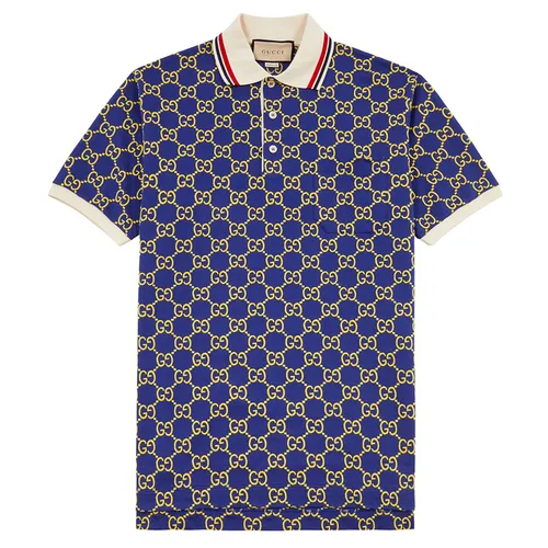 Thời trang Gucci Áo Polo - Áo Polo Nam Gucci Monogrammed Logo Piqué Stretch Cotton Shirt Màu Xanh Họa Tiết Size M - Vua Hàng Hiệu