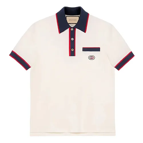 Thời trang Gucci Áo Polo - Áo Polo Nam Gucci Piquet With Interlocking G White 653380 XJDF8 Màu Trắng Size XS - Vua Hàng Hiệu