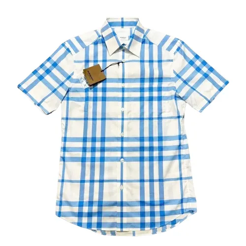 Áo Sơ Mi Cộc Tay Nam Burberry Checked Short-Sleeved Shirt Màu Xanh/Trắng Size XS