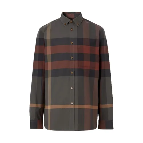 Áo Sơ Mi Nam Burberry Check Stretch Cotton Poplin Shirt ﻿Màu Xám Kẻ Size XL
