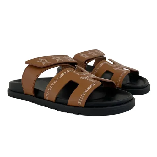 Dép Hermès Nữ - Dép Nữ Hermès Embroidered Chypre Caramel Sandals Màu Nâu Đen Size 37 - Vua Hàng Hiệu