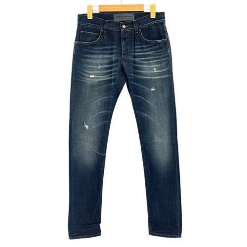 Thời trang Dolce & Gabbana Quần jeans - Quần Jean Nam Dolce & Gabbana D&G Wash Rách 2 Đùi 14 Gold G6LBLD G8S23 S9001 Màu Xanh Đậm Size 44 - Vua Hàng Hiệu