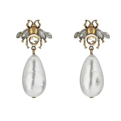 Trang sức Ý - Khuyên Tai Nữ Gucci Aged Gold Finish Bee Embellished Earrings With Drop Pearl Màu Trắng - Vua Hàng Hiệu
