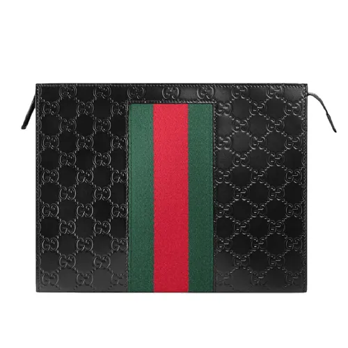 Túi xách Gucci Nam - Túi Cầm Tay Nam Gucci Signature Web Pouch 475316-CWCLN-1060 Màu Đen - Vua Hàng Hiệu