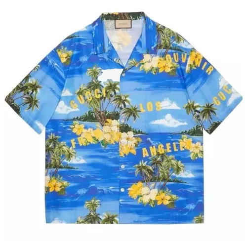 Thời trang Gucci - Áo Sơ Mi Nam Gucci Printed Hawaiian Poplin Los Angeles Palm Tree Bowling Shirt Màu Xanh - Vàng Size XS - Vua Hàng Hiệu