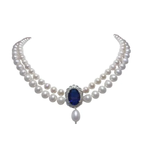 Trang sức Trắng - Dây Chuyền Nữ Ngọc Trai Minh Hà Pearl Jewelry Phối Mặt Đá Màu Nhân Tạo Xanh Topaz Màu Trắng - Vua Hàng Hiệu