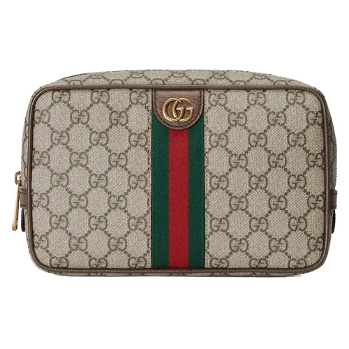 Túi xách Nam - Túi Cầm Tay Gucci Savoy Toiletry Case With Web ‎760019 96IWT 8745 Màu Be Nâu - Vua Hàng Hiệu