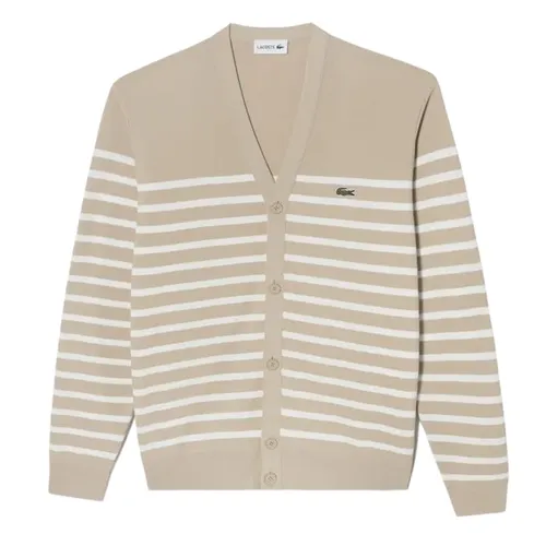 Thời trang Nam - Áo Len Cardigan Nam Lacoste Men's Marine Stripe AH124E 54G 217 Màu Be Size S - Vua Hàng Hiệu