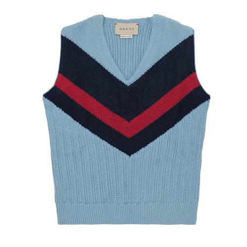 Thời trang Gucci - Áo Len Gile Nữ Gucci Knit Vest 764116XKDR04711 Màu Xanh Kẻ Size 12Y - Vua Hàng Hiệu