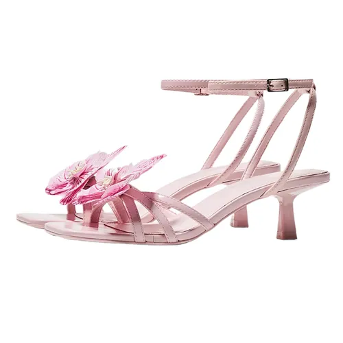 Dép Cao Gót Nữ Bershka Kitten Heel Sandals With Pink Floral Detail Màu Hồng Size 38
