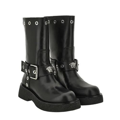 Giày Boot Nữ Versace Biker H.55 Calf Leather Eyelets 1015606 Màu Đen Size 35