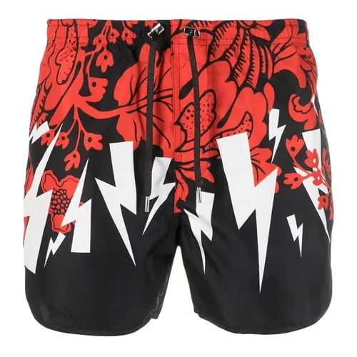 Quần Short Nam Neil Barrett Graphic Print Swim Shorts PBCB003U042 Màu Đỏ Đen Size S
