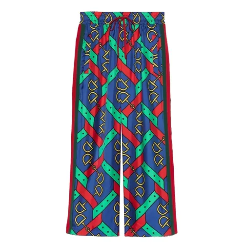 Thời trang Gucci - Quần Suông Nữ Gucci Horsebit Strap Print Silk Trouser 743009XJFJF4034 Màu Xanh Họa Tiết Size XS - Vua Hàng Hiệu