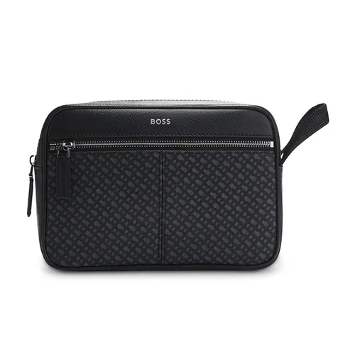 Túi xách - Túi Cầm Tay Nam Hugo Boss Faux-Leather Washbag with Monogram-Print Front Pocket Màu Đen - Vua Hàng Hiệu