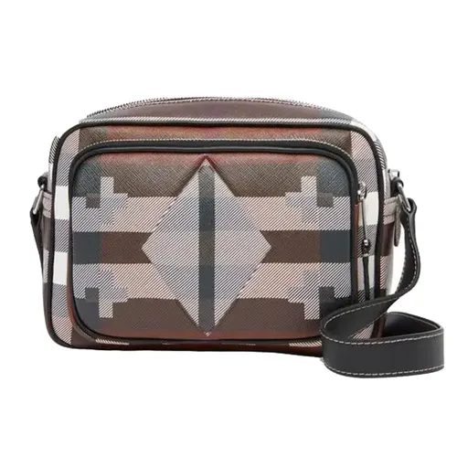 Túi Đeo Chéo Nam Burberry Geometric Check Print Crossbody Bag Màu Nâu Họa Tiết