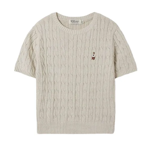 Áo Len Cộc Tay Nữ WHOAU Steve Round Neck Melange Màu Be Nhạt Size S