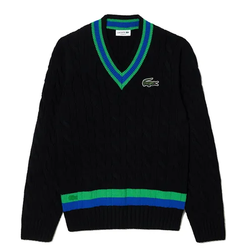 Áo Len Unisex Lacoste Knitted Sweater With Striped Detail On The V-Neck Màu Đen Xanh