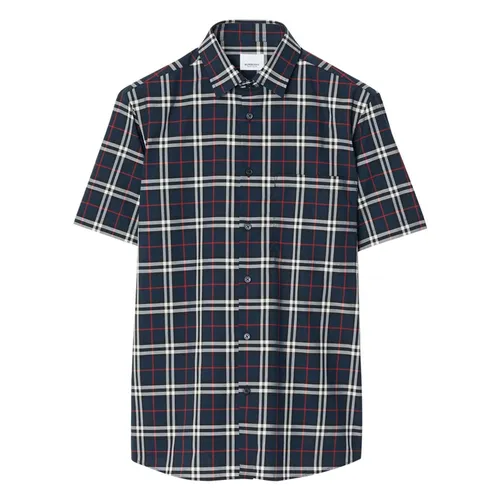 Áo Sơ Mi Nam Burberry Short Sleeve Check-Print Kẻ Caro Màu Xanh Navy Size XS
