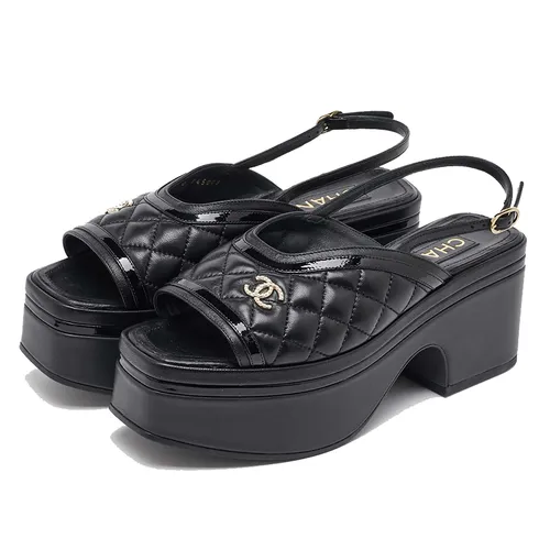 Dép Sandal Nữ Chanel Black Quilted Leather And Patent Leather CC Platform Slingback Màu Đen Size 38