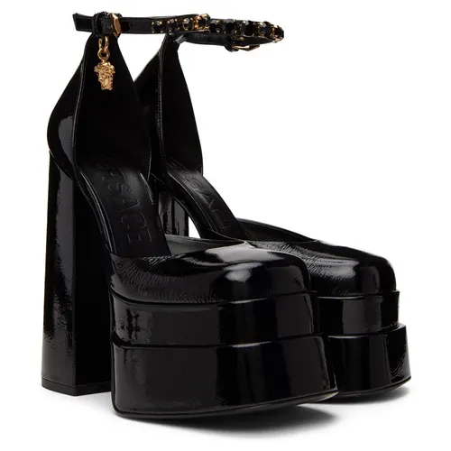 Giày Cao Gót Nữ Versace Medusa Aevitas Black Patent Crystal Logo Platform Pumps Màu Đen Size 37