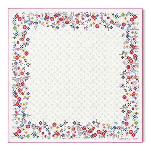 Khăn Nữ Louis Vuitton LV X TM Monogram Superflat Flowers Square 90 M96263 Màu Trắng Họa Tiết