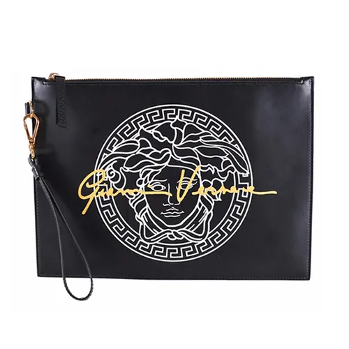 Túi Cầm Tay Nam Versace Leather Gianni Script Medusa Head Logo Large Wristlet Purse Màu Đen