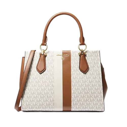 Túi Đeo Chéo Nữ Michael Kors MK Marilyn Medium Logo Stripe Satchel Màu Nâu Trắng