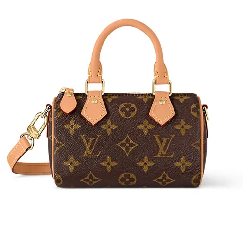 Túi Xách Tay Nữ Louis Vuitton LV Nano Speedy Handbag Strap In Brown Canvas M81085 Màu Nâu Đen