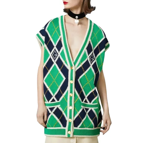 Áo Cardigan Nữ Gucci G Rhombus Sleeveless Cardigan Vest In Green Màu Xanh Lá Size S