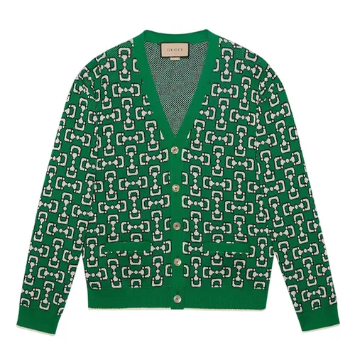 Áo Len Cardigan Nam Gucci Horsebit Jacquard Cotton Piqué Màu Xanh Green Size M