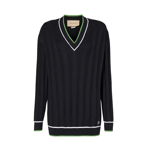 Áo Len Nữ Gucci Brand-Embroidered V-Neck Relaxed-Fit Wool-Blend Knitted Top Màu Xanh Đen Size S